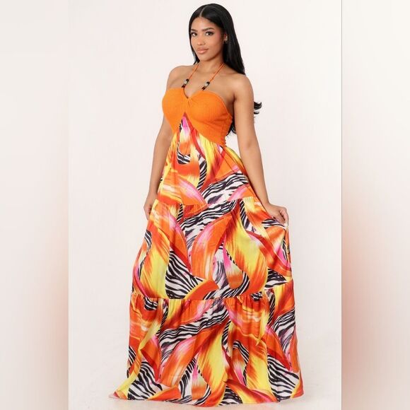 Floral Animal Printed Halter Maxi Dress- Orange - Picture 1 of 7
